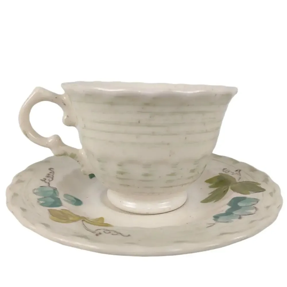 Vtg Metlox Vernonware VINEYARD Divided Jelly Dish Cup & Saucer Set Grapes Leaves